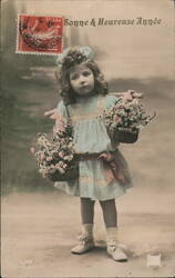 Little Girl with Flower Baskets, New Year's Greeting Children Postcard Postcard Postcard