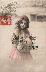 Bonne Année: Girl with Holly Sprig & Muff, French New Year Postcard Postcard