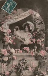 Woman Watering Flowers, French Anniversary Postcard Postcard