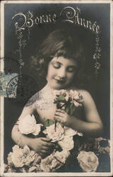 Bonne Année: Young Girl with Roses, French New Year Postcard Postcard