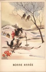 Kitten Skiing, Bonne Année Greeting, Vintage Postcard Cats Postcard Postcard