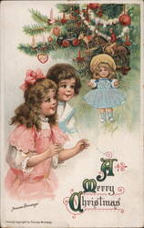 Merry Christmas Children with Doll and Tree Postcard