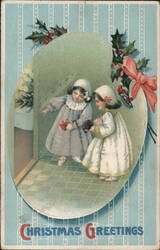 Two Girls in White Dresses, Christmas Greetings Postcard Children Postcard Postcard