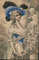 Elegant Woman with Roses & Cupid, German Postcard c. 1900s Women Postcard Postcard