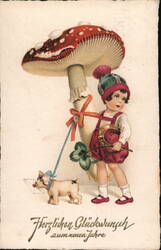 Antique New Year Postcard: Child with Mushroom, Dog, & Lucky Charms Children Postcard Postcard