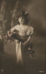 Girl with Flowers, Vintage Portrait Postcard Girls Postcard Postcard