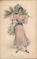 Bonne Année: Woman with Flowers & Mistletoe, Vintage New Year Postcard Beautiful Ladies Postcard Postcard