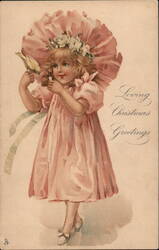 Little Girl in Pink with Bird, Loving Christmas Greetings Children Postcard Postcard Postcard