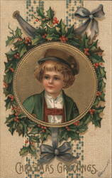 Boy in Cap with Holly and Bats, Christmas Greetings Children Postcard Postcard Postcard