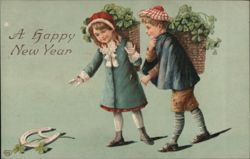 Children with Baskets of Clover, Happy New Year Postcard, 1909 Postcard Postcard