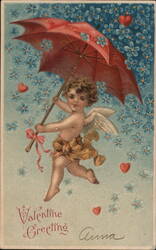 Cherubic Cupid with Red Parasol Valentine Greeting Postcard