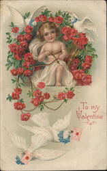 Cherubic Cupid with Bow and Arrow, Valentine Greeting Postcard