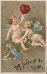 Two Cherubs with Heart and Arrow: A Valentine Message Postcard