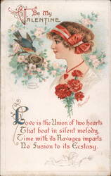 Be My Valentine: Woman with Red Carnations and Bluebird Women N. Heimiller Postcard Postcard Postcard