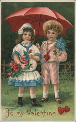 Two Children with Flowers and Umbrella, Valentine's Day Greeting Postcard Postcard Postcard