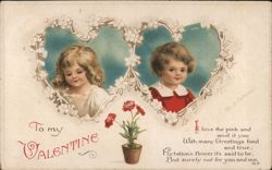 Two Children in Heart-Shaped Frames, Valentine's Day Greeting Women Ellen Clapsaddle Postcard Postcard Postcard