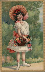 Young Girl with Flower Basket and Hat Girls Postcard Postcard Postcard