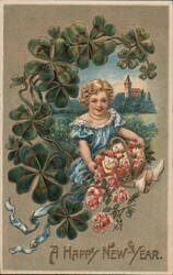 Girl with Roses & Clover, Happy New Year Children Postcard Postcard Postcard