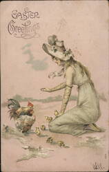 Easter Greetings - Woman with Chicks and Rooster Postcard Postcard Postcard