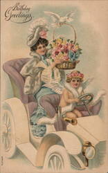 Woman & Cherub in Antique Car, Birthday Greeting with Dove & Flowers Postcard Postcard Postcard