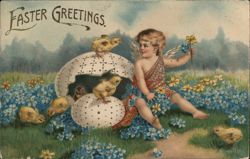 Cherubic Angel with Chicks and Forget-Me-Nots, Easter Greetings Postcard