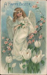 Angelic Girl with Lilies and Tulips, Happy Easter Greeting Postcard