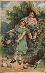 Two Girls with Easter Eggs and Violets, Chicken Hen Postcard