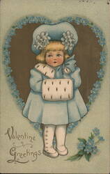 Valentine Girl in Blue Coat with Muff Women Postcard Postcard Postcard