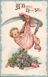 Baby in a Scythe Cradle, Happy New Year Greeting Postcard