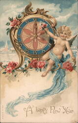 Cherubic Angel with Flowers Adjusting Clock: Happy New Year Postcard