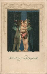 Cherubic New Year's Toast: Two Angels with Wine Glasses Angels & Cherubs Postcard Postcard Postcard