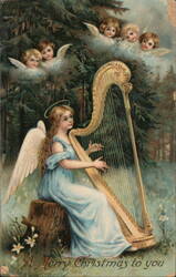 Angelic Christmas Harp Player with Cherubs Angels Postcard Postcard Postcard