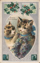 Two Kittens with Blue Ribbons and Flowers: Merry Christmas Postcard