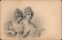 Two Women in Period Dress: Duet with Mandolin and Sheet Music Postcard Postcard Postcard