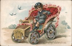 Boy in Floral Car, Valentine's Greeting Children Postcard Postcard Postcard