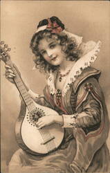 Young Girl with a Mandolin, Vintage Postcard Postcard