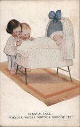 Stravagence! Two Children Admire Baby in Bassinet Postcard