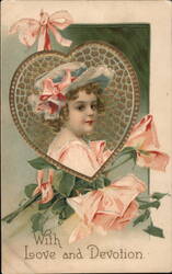 Girl with Pink Roses and Gold Heart, Love and Devotion Women Postcard Postcard Postcard