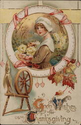 Young Pilgrim Woman with Flowers, Thanksgiving Greeting Postcard