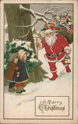 Children Hiding from Santa with Toys and Lantern Santa Claus Postcard Postcard Postcard