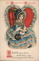 Victorian Girl in Blue Dress with Valentine, Heart-Shaped Frame Children Postcard Postcard Postcard