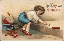 Young Boy Lighting Firecracker, "The Day We Celebrate" Postcard