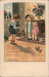 Children Playing with Toys and Dolls, Artist Signed Paul Elzner Postcard