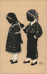 Silhouette of Children, Boy Braiding Girl's Hair Silhouettes Alwin Freund Postcard Postcard Postcard