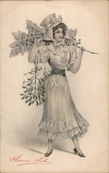 Young Woman with Lilac and Mistletoe, Bonne Fête Greeting Postcard