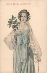 Woman in Blue Dress with Holly Sprig - Merry Christmas Postcard