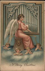 Angelic Christmas Organist with Cherubs Angels Postcard Postcard Postcard