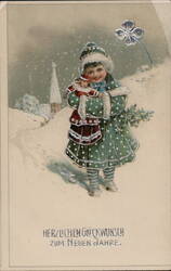 Girl with Doll and Evergreen Sprig in Snowy Winter Scene Children Postcard Postcard Postcard