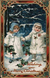 Children in White Winter Coats with Holly, Merry Christmas Greeting Postcard Postcard Postcard