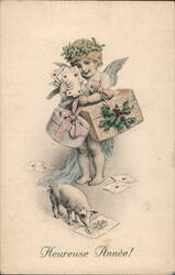 Cherubic Angel with Gifts and Piglet - French New Year's Greeting Postcard